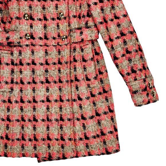 Liquid Wool Blend Tweed Long Coat Sz 2 Brown Orange Plaid Preppy Elegant PeaCoat - Picture 4 of 16